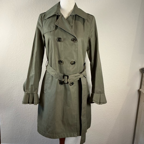 NEW Women's TAHARI Stella Double-Breasted Trench Coat with Ruffled Cuffs- Olive - Picture 1 of 9